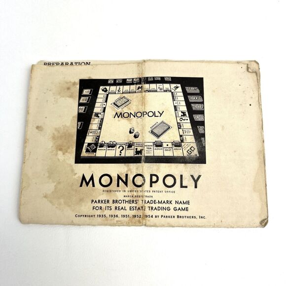1954 MONOPOLY Instructions Rules Parker Brothers VTG Replacement Board Game Part - Picture 1 of 5
